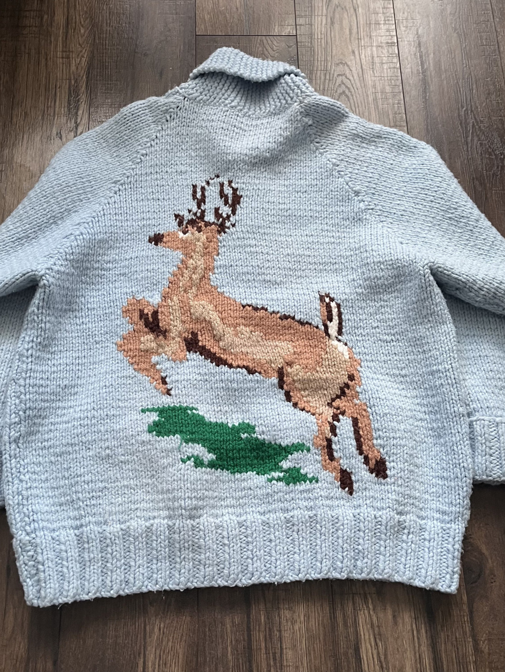 Vintage 1980s Knit Cowichan Style Knit Sweater Full Zip Deer Graphic Blue Large - Picture 2 of 11